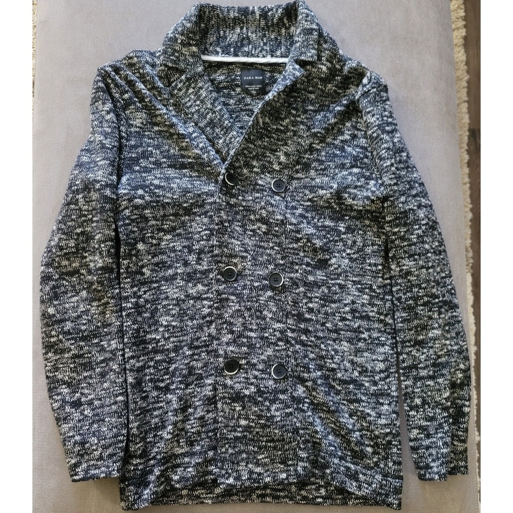 Zara Men's‎ Black & White Double Breasted Cotton Blend Cardigan Size Medium